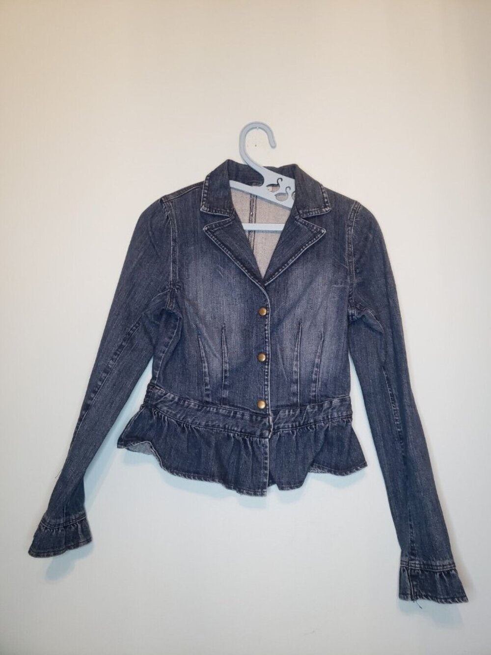Y2K Young At Heart Junior S Jean Jacket Peplum Waist Blue Denim Button Front Vtg